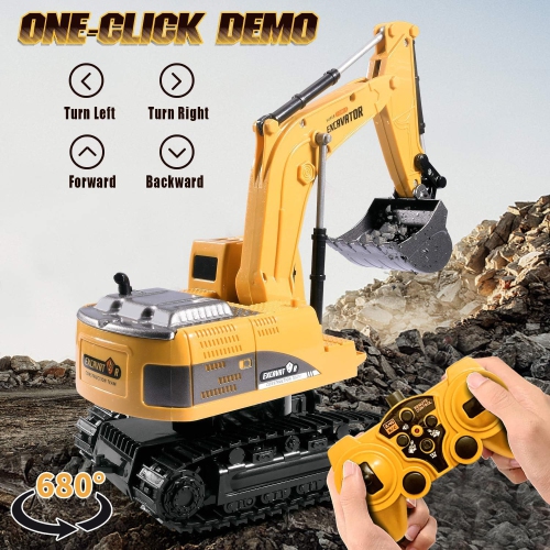 Remote Control Excavator Toy with Metal Shovel, RC Construction Design, Lights, Sounds, & 680° Rotation for Digging Sand, Christmas or Birthday Gift