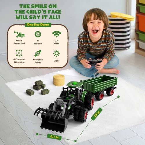 Remote Control Tractor and Trailer Toys. Rechargeable RC Playset with Metal Car Head, Lights, & 8 Wheels. Green Farm Truck Vehicle Set for Birthday G