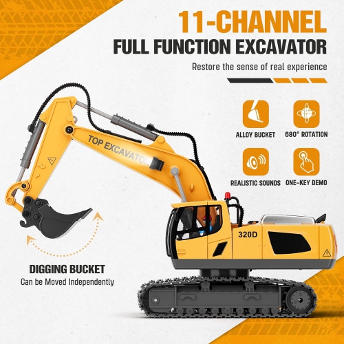 1:20 Remote Control Excavator Toys, 11CH RC with Metal Bucket, Rechargeable Construction Digger Vehicles with Lights and Sound, Christmas or Birthday