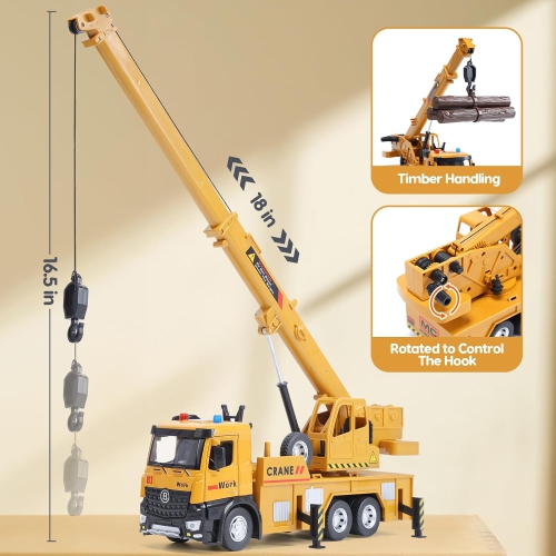 Crane Truck Toy Playset with Sound & Light, Construction Vehicle Set with 270° Rotating Cab, 4 Mini Diecast Trucks, 3 Timber Logs, and Alloy Friction