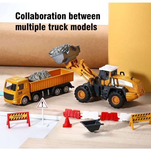 Construction Vehicle Truck Toy Playset, Kids Engineering Set with Crane, Excavator, Cement Mixer, Fuel Truck, Wheel Loader, 3 Interchangeable Parts.