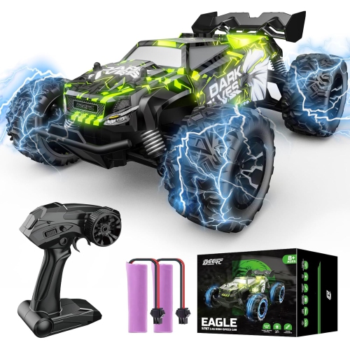 RC Car with a vibrant LED shell, 2.4GHz RC, and all-terrain capabilities. rock crawler with 2 rechargeable batt for 40mins of playtime, great gift fo