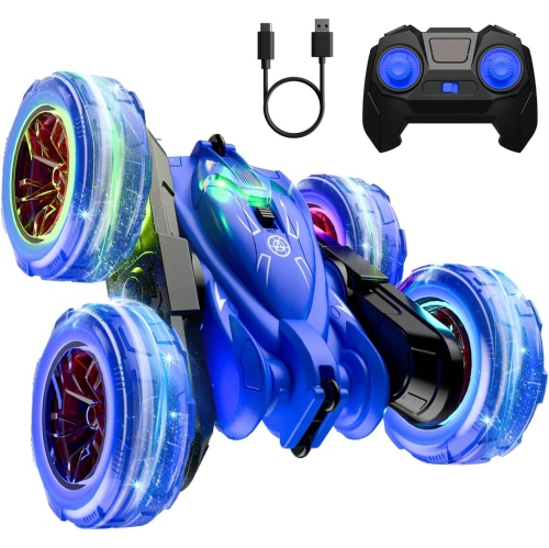 Rechargeable Remote Control Car with fast direct charging and lights. 2.4GHz 4WD stunt car with double-sided 360° flips, all-terrain. Christmas gift