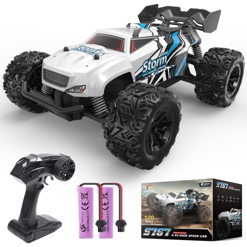 RC Car with 2.4GHz technology, for off-road use. This all-terrain rock crawler comes with two rechargeable batteries, gift for kids, beginners, boys,