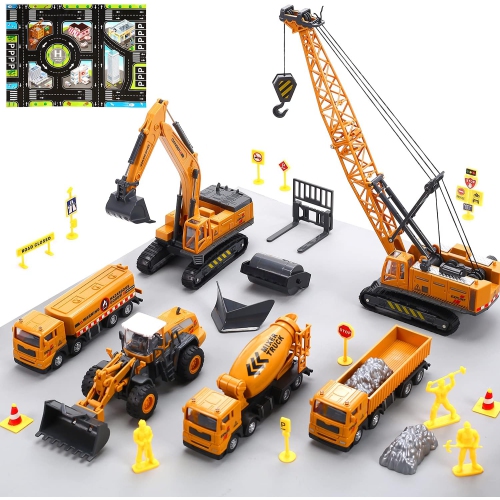 Construction Vehicle Playset with Playmat, Engineering Truck Set for Kids with Crane, Excavator, Tractor, 3 Interchangeable Parts, Cement Truck, Educ