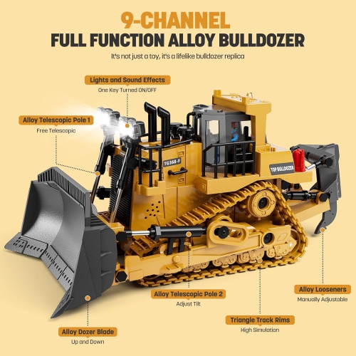 Remote Control Bulldozer Toys featuring a 9-Channel RC Dozer with a Metal Bulldozing Blade and Alloy Looseners with Lights and Sound, Ideal Birthday