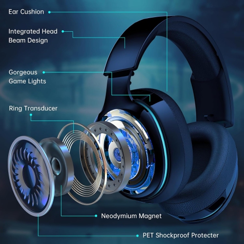 Wireless Gaming Headphones works with xbox, PS5, PS4, PC, Mac, and Nintendo Switch. Bluetooth 5.2 headset with detachable noise-canceling mic, stereo