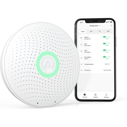 Wave Plus Indoor Air Quality Monitor with Radon Detection, Easily Measures TVOCs, CO2, Temperature, Humidity, and Air Pressure. Bluetooth, Battery Op