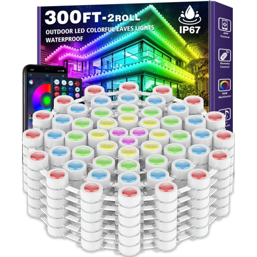 300FT/90M RGB Eaves Lights with App Control for permanent outdoor use. IP67 waterproof lights are perfect for under eaves, enhancing garden decor, ho