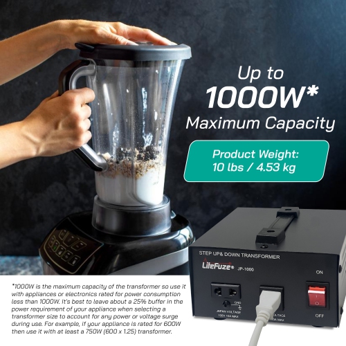 LiteFuze 1000W Step-Up/Step-Down Transformer with Dual Sockets - Premium Copper Coil, Noise Reduction, and Circuit Breaker Protection