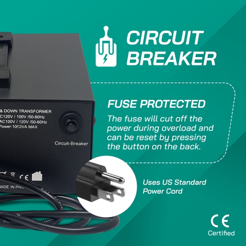 LiteFuze 1000W Step-Up/Step-Down Transformer with Dual Sockets - Premium Copper Coil, Noise Reduction, and Circuit Breaker Protection