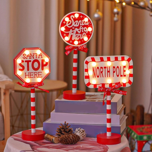 Christmas Decorations North Pole Sign with LED Light Xmas Tabletop Stand Decor for Indoor Home Office Holiday Party Decorative Christmas Street Sign