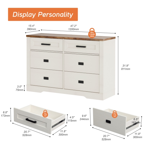 WAMPAT Dresser for Bedroom with 6 Drawers, 47" Wide Storage Chest of Drawers, Wood Closet Chests Organizer for Clothes, Kids Room, Living Room,