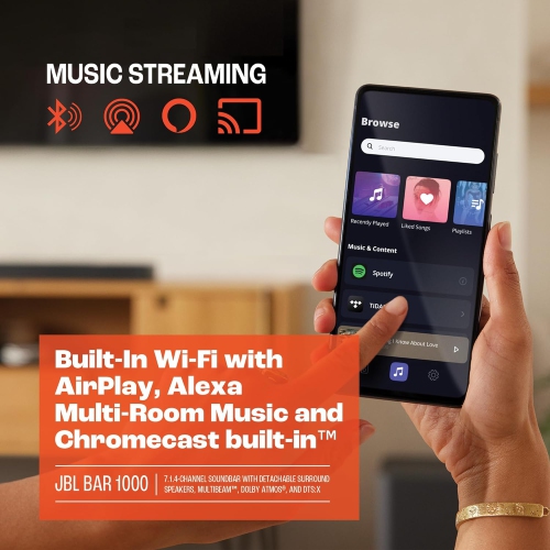 Boîte ouverte - Barre de son Bar 1000 de JBL&nbsp;: Barre de son 7,1.4 canaux avec haut-parleurs ambiophoniques amovibles, MultiBeam MC, Dolby Atmos