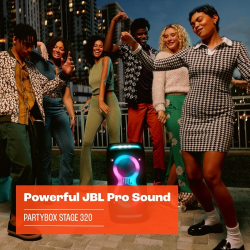 PartyBox Stage 320 de JBL - Haut-parleur de fête portatif avec poignée télescopique, roues larges et robustes, son puissant JBL Pro,