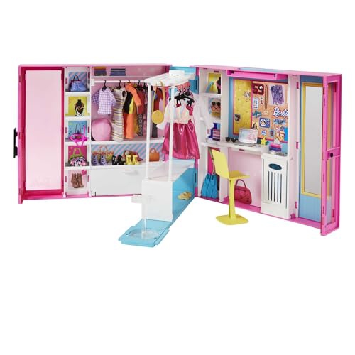 Ensemble de jeu Garde robe de reve Barbie avec plus de 30 vetements et accessoires dont 5 tenues un miroir un bureau et un support rotatif Best Buy Canada