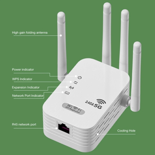 Wi-Fi Signal Booster with WAN/LAN Port Dual-Band 2.4GHz/5GHz WiFi Signal Amplifier 4 Antennas for Home Small Office