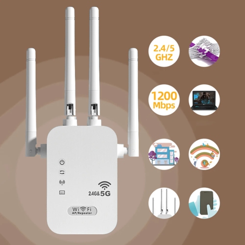 Wi-Fi Signal Booster with WAN/LAN Port Dual-Band 2.4GHz/5GHz WiFi Signal Amplifier 4 Antennas for Home Small Office