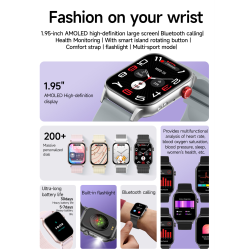 TUTT Smartwatch for Men Women 1.95” AMOLED Screen | Flashlight BT Call Health and Fitness Tracking | K8 Smart Watch