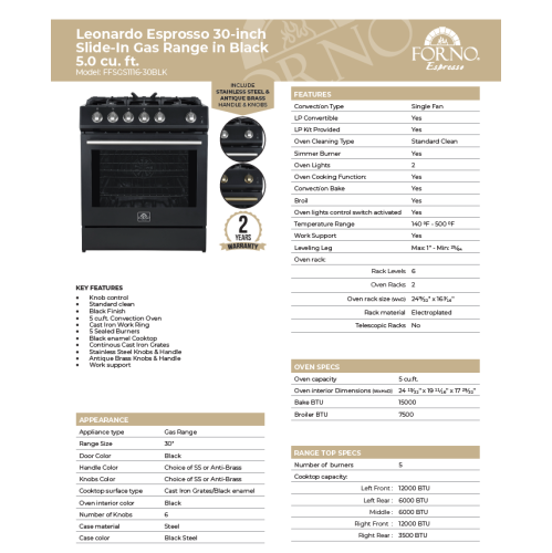 Forno Leonardo Espresso 30" Black Gas Range, 5 Burners, 39 500 BTU, 5 cu.ft. Convection Oven