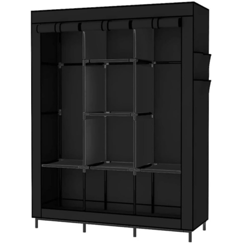Livearty Portable Wardrobe Closet Clothes Organizer Non-Woven Fabric Cover with 6 Storage Shelves, 2 Hanging Sections and 4 Side Pockets,Black 130CM