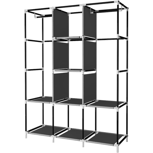 Livearty Portable Wardrobe Closet Clothes Organizer Non-Woven Fabric Cover with 6 Storage Shelves, 2 Hanging Sections and 4 Side Pockets,Black 130CM