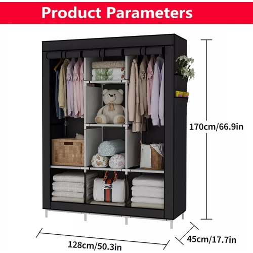 Livearty Portable Wardrobe Closet Clothes Organizer Non-Woven Fabric Cover with 6 Storage Shelves, 2 Hanging Sections and 4 Side Pockets,Black 130CM