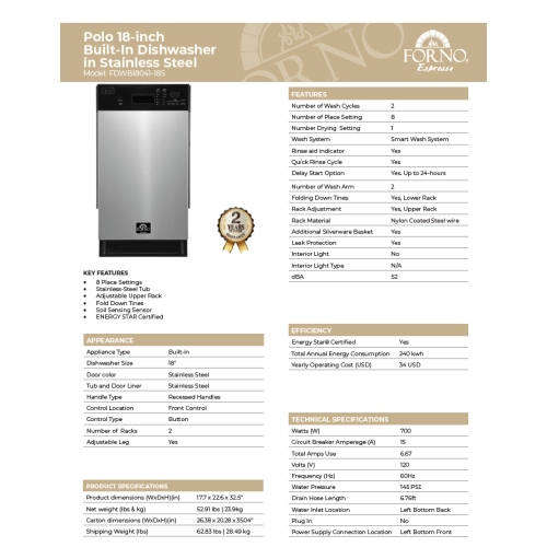 Forno Polo 18" Dishwasher Stainless-Steel