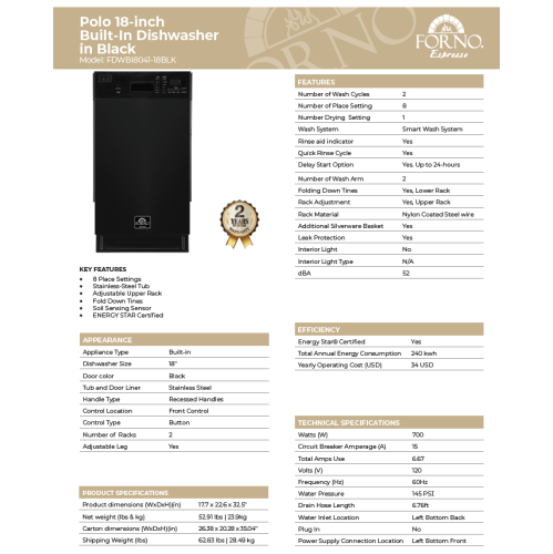 Forno Polo 18" Dishwasher Black