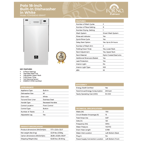 Forno Polo 18" Dishwasher White