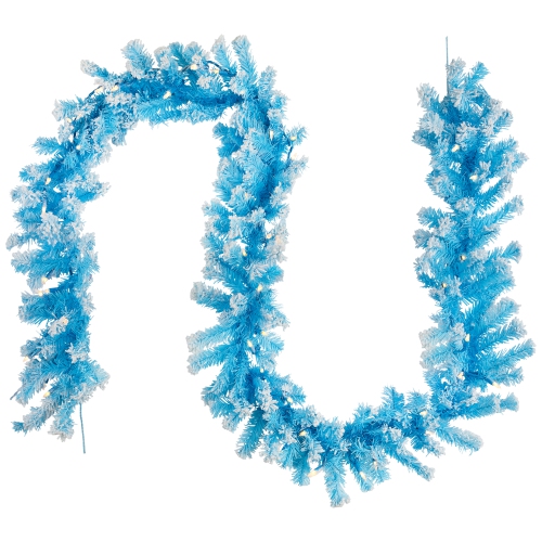 Guirlande de Noël en pin floqué artificiel illuminé - 9 pi - Bleu ciel - Lumières transparentes