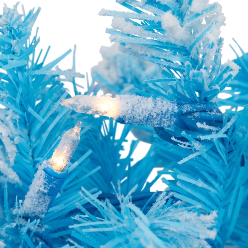 Guirlande de Noël en pin floqué artificiel illuminé - 9 pi - Bleu ciel - Lumières transparentes