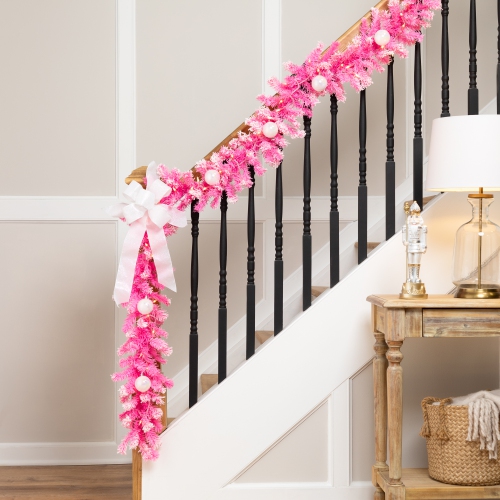 NORTHLIGHT  Pre-Lit Artificial Flocked Pine Christmas Garland - 9' - - Clear Lights In Pink