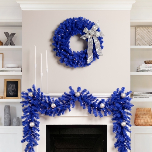 Pre-Lit Artificial Pine Christmas Garland - 9' - Royal Blue - Clear Lights