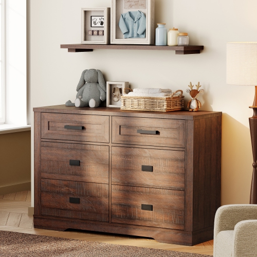 WAMPAT Dresser for Bedroom with 6 Drawers,Farmhouse Modern Closet Storage Organizer, Chest of Drawers with Metal Handles, Wood Dresser for Liviing