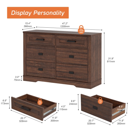 WAMPAT Dresser for Bedroom with 6 Drawers,Farmhouse Modern Closet Storage Organizer, Chest of Drawers with Metal Handles, Wood Dresser for Liviing