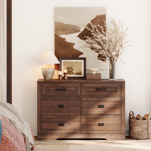 WAMPAT Dresser for Bedroom with 6 Drawers,Farmhouse Modern Closet Storage Organizer, Chest of Drawers with Metal Handles, Wood Dresser for Liviing