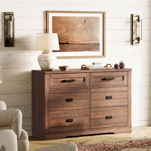 WAMPAT Dresser for Bedroom with 6 Drawers,Farmhouse Modern Closet Storage Organizer, Chest of Drawers with Metal Handles, Wood Dresser for Liviing