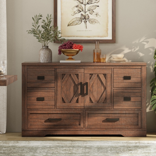 WAMPAT  Kitchen Buffet Cabinet \w Storage, Large Sideboard Cabinet \w 2 Barn Doors And 6 Drawers, Tall Coffee Bar Table for Dinning Room, Living