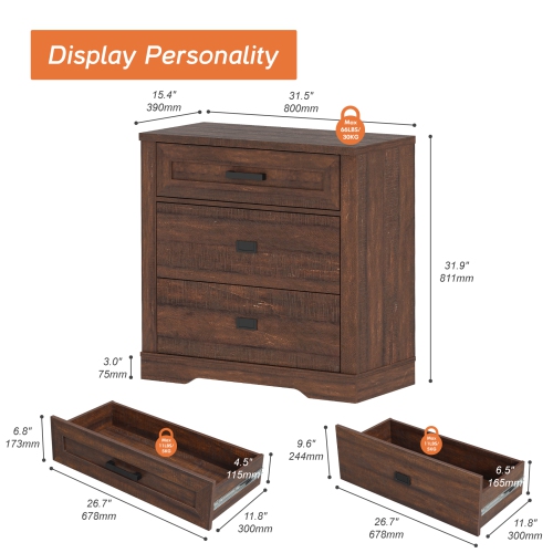 WAMPAT Dresser for Kids Bedroom with 3 Drawers, Dressers with Wide Chest of Drawers, Farmhouse Modern Wooden Closet Storage Organizer, Small Nursery,