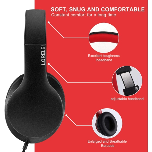 Over-Ear Headphones with Microphone, Lightweight Foldable & Portable Stereo Bass Headphones, Wired Headphones for Smartphone Tablet MP3,Black-red