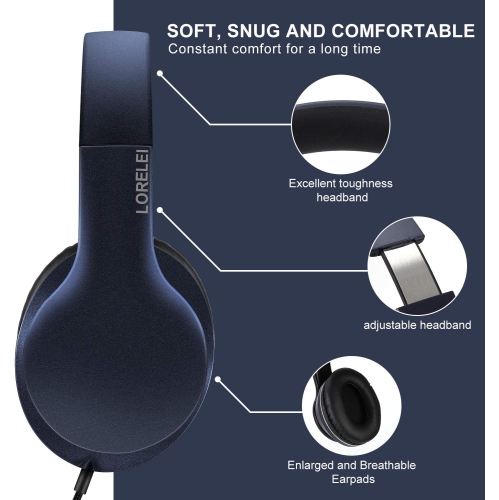 Over-Ear Headphones with Microphone, Lightweight Foldable & Portable Stereo Bass Headphones, Wired Headphones for Smartphone Tablet MP3,Dark Blue