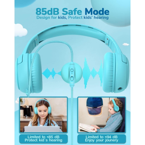 Casque d'écoute filaire pour enfants avec microphone, casque d'écoute, prise 3,5 mm, casque d'écoute pliable, bleu