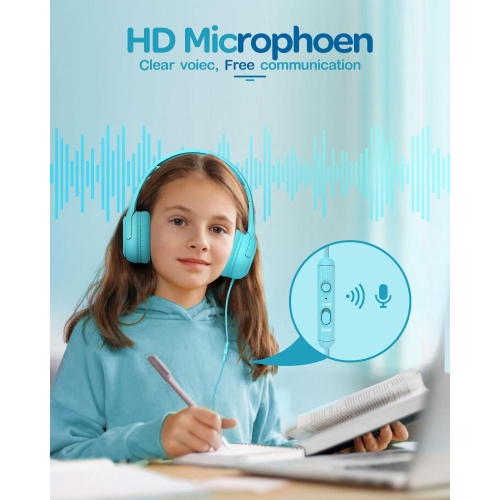 Casque d'écoute filaire pour enfants avec microphone, casque d'écoute, prise 3,5 mm, casque d'écoute pliable, bleu