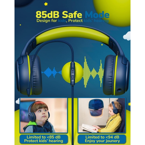 Casque d'écoute filaire pour enfants avec microphone, casque d'écoute, prise 3,5 mm, casque d'écoute pliable, bleu