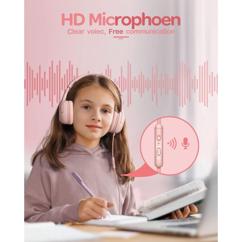 Kids Headphones Wired Toddler Headphones with Microphone, Over-Ear Headphones, 3.5mm Jack, Foldable On-Ear,Pink