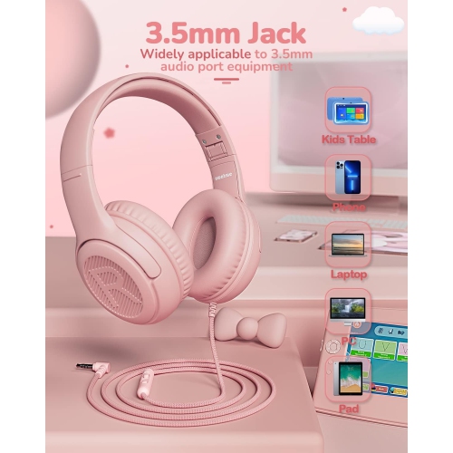 Kids Headphones Wired Toddler Headphones with Microphone, Over-Ear Headphones, 3.5mm Jack, Foldable On-Ear,Pink