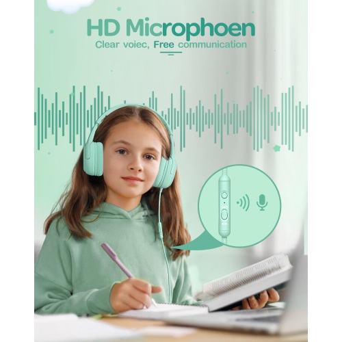 Kids Headphones Wired Toddler Headphones with Microphone, Over-Ear Headphones, 3.5mm Jack, Foldable On-Ear,Green