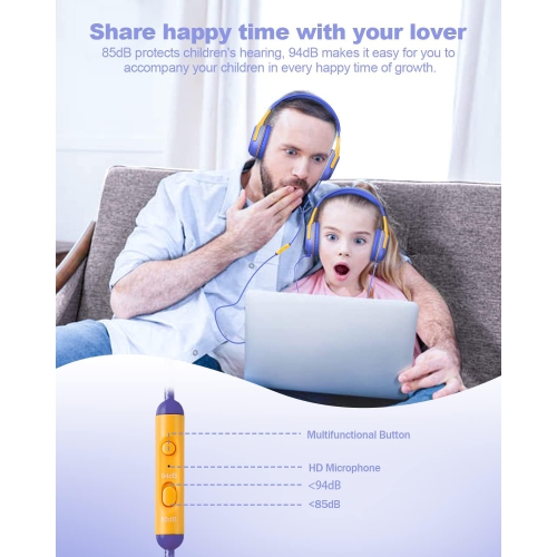 Kids Headphones Wired Toddler Headphones with Microphone, Over-Ear Headphones, 3.5mm Jack, Foldable On-Ear,Purple