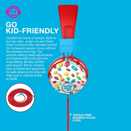 On-Ear Kids Wired Headphones, Toddler Headphones, Studio Volume Safe, Folding, Adjustable, Noise Isolation, with Mic, Fruity Pebbles